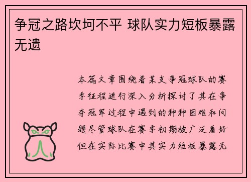 争冠之路坎坷不平 球队实力短板暴露无遗